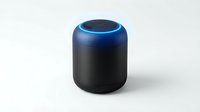Smart speaker with glowing blue ring on white background, isolated device ready for tech product design, web graphics, and marketing materials.