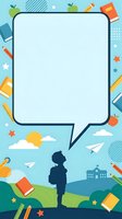 Student looking at school supplies with blank speech bubble for educational messaging, back to school promotions, learning concepts, classroom posters, and academic communications.