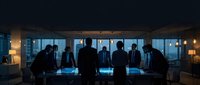 Corporate business team meeting in modern conference room with city skyline view during evening hours for strategic planning and decision making.