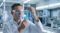 Middle-aged Caucasian male scientist in safety glasses examining blue liquid sample in test tube at modern laboratory for research and development work.
