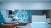 Medical professional displaying holographic lung anatomy in modern healthcare facility for respiratory system education and pulmonary medicine consultation.