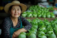 Senior Asian woman vendor in straw hat and apron at local market stall with fresh green lettuce heads. Natural lighting highlights authentic farmers market scene.