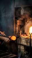Glassblower shaping molten glass in traditional furnace workshop with glowing orange flames and artisan hands crafting heated material in atmospheric forge setting.