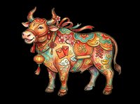 Festive ox decorated with lunar new year ornaments, lanterns, and lucky symbols, isolated on transparent background. Great for stickers, t-shirt design, print on demand.