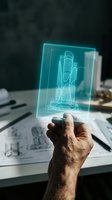 Architect or engineer holding transparent holographic display showing glowing cyan wireframe building design, with blueprint papers and sketches visible on desk below, representing digital innovation in architecture and construction planning.