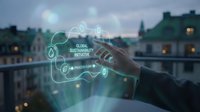 Businessman holding holographic display showing global sustainability network with eco-friendly icons over urban evening cityscape background.