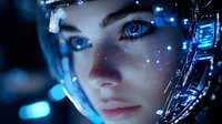 Futuristic female cyborg with glowing blue eyes and digital interface elements. High-tech artificial intelligence concept for sci-fi projects and technology designs.
