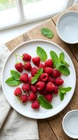 Fresh raspberries with mint leaves arranged on white plate, wooden table setting with natural window light, food styling for culinary and recipe content.