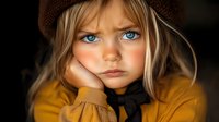 Young Caucasian girl with striking blue eyes and blonde hair wearing yellow coat and black bow, resting head on hand with thoughtful expression against dark background.