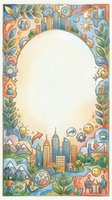 Watercolor decorative frame with city, nature, gears, and social icons surrounding an oval copy space for text or design.
