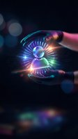 Two hands holding glowing digital user profile icon with colorful neon light rays and circuit patterns, representing social media, networking, digital identity, and technology innovation concepts.