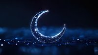 Glowing crescent moon with sparkling particles and bokeh lights on dark blue night sky background for celestial and magical design projects.