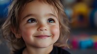 Young child with bright blue eyes and gentle smile looking up with wonder against colorful blurred background, capturing pure joy and innocence in natural lighting.