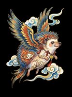 Mythical winged hedgehog in traditional Asian art style, soaring through clouds with colorful feathers and gold charms, isolated on transparent background, for stickers, T-shirts, print on demand.