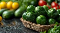 Fresh round green zucchini in woven basket with yellow and red vegetables in background on dark surface, selective focus with copy space for food market.