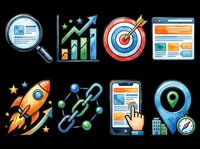 Eight colorful watercolor SEO and digital marketing icons isolated on transparent background, ready for clipart, stickers, t-shirt design, and print on demand use.