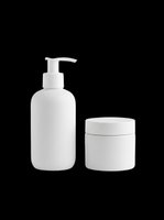 Cosmetic bottles and jar isolated on transparent background, ready for skincare product packaging design, labels, print-on-demand, and sublimation projects.