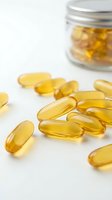 Golden vitamin capsules scattered on white surface with container in background, suitable for health, wellness, supplement and pharmaceutical marketing materials.