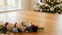 Handmade knitted sheep toy with burgundy and gold ornaments arranged on wooden table with evergreen garland and festive decorations for holiday seasonal displays.
