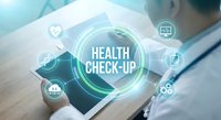 Digital health checkup concept with medical professional using tablet technology for patient care and wellness monitoring services.