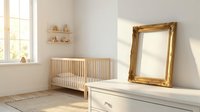 Bright nursery room with wooden crib, white dresser and ornate gold mirror frame against neutral walls with natural sunlight streaming through window.