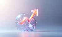 Glowing neon arrow chart trending upward with scattered particles and bokeh lights on soft gradient background, representing business growth and success.