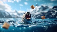 Playful seal emerging from arctic waters surrounded by floating cookies, splashing through crystal blue ocean against snowy mountain backdrop.