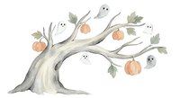 Watercolor Halloween tree with cute white ghosts and orange pumpkins on branches, spooky autumn decoration isolated on white background for seasonal design.