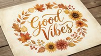 Good Vibes autumn wreath with sunflowers and maple leaves on rustic wood background. Positive motivation quote for fall season greeting cards and decor.
