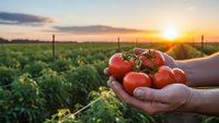 Fresh ripe tomatoes in farmer hands at sunset over agricultural field. Organic harvest concept for healthy eating and sustainable farming practices.