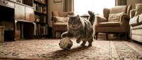 Fluffy tabby cat playing with toy ball on living room carpet, surrounded by furniture and bookshelves in cozy home interior setting.