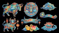 Colorful zodiac ox bull cattle design elements isolated on transparent background, ready for t-shirt design, clipart, stickers, sublimation and print-on-demand products.