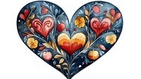 Decorative folk art heart shape filled with floral ornaments, red hearts and yellow flowers on dark blue background. Romantic watercolor style pattern for Valentine cards.