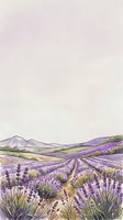 Lavender field landscape with rolling hills and mountains in the distance, featuring purple flowering plants in organized rows across golden meadows under a soft sky. Suitable for travel, agriculture, nature, and wellness design projects.