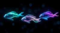 Glowing neon fish swimming in dark water with particle effects, digital art style composition showing luminescent aquatic creatures in blue and purple colors.