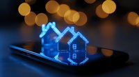 Glowing blue house hologram emerging from smartphone screen with golden bokeh background creates futuristic real estate technology concept.