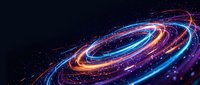 Abstract swirling energy trails with glowing particles creating dynamic spiral motion on dark background for digital art and futuristic design projects.