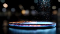 Glowing circular platform with magical sparkles falling in dark space, illuminated by blue and orange light creating mystical atmosphere for product display.