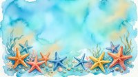 Watercolor ocean scene with colorful starfish, seashells and marine plants on sandy bottom. Summer beach vacation and underwater life artwork.