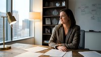 Woman in business casual attire working at desk in modern office with city skyline view, suitable for corporate, professional, and business-related projects.
