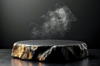Natural stone podium with rising smoke on dark background, rough textured rock platform with golden highlights and atmospheric misty effect.