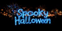 Glowing blue neon text saying Spooky Halloween with orange sparkles and dark branches against black background, creating eerie festive atmosphere.