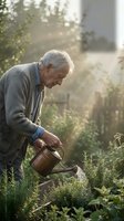 Senior Caucasian man watering herbs and plants in sunny garden with copper watering can during golden hour morning light for sustainable gardening lifestyle.