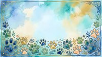 Watercolor paw prints and botanical elements frame a soft, dreamy sky background in blue, green, and gold tones. Perfect for pet-related designs, greeting cards, and animal-themed projects.
