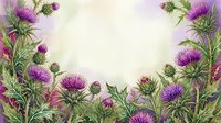 Watercolor thistle flowers frame with purple blooms and green leaves on soft background, copy space for text or greeting card design.
