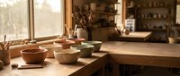 Handmade ceramic bowls on wooden table in pottery workshop studio with natural sunlight streaming through windows creating warm artisan workspace atmosphere.