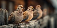 Three mourning doves perched on weathered wooden fence in soft natural light with blurred background creating peaceful wildlife scene for nature photography.