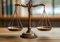 Decorative brass scales of justice on wooden surface with blurred law library background, symbol of legal system and equal rights in jurisprudence.