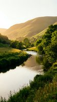 Serene river flowing through lush green valley with golden rolling hills bathed in warm sunlight, ideal for nature and landscape projects.