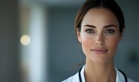 Young female medical professional with confident smile wearing white coat against blurred background. Natural makeup and professional appearance for healthcare setting.